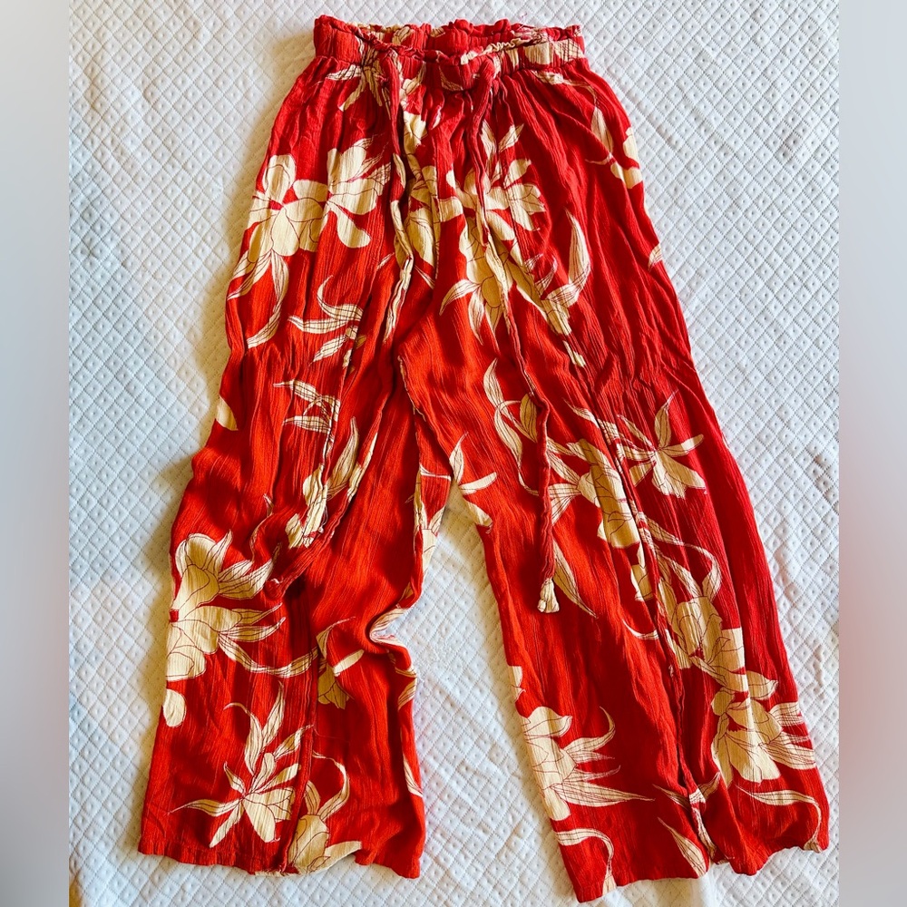 Angie Red Floral Wide Leg Pants Boho Rayon Drawstring | S